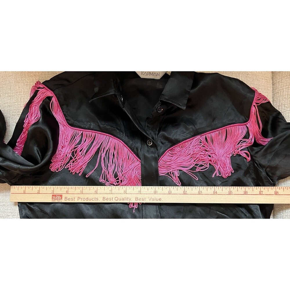 Karman Women's XS/S Western Pearl Snap Satin Black Pink Fringe Rodeo Rockabilly - Picture 9 of 11